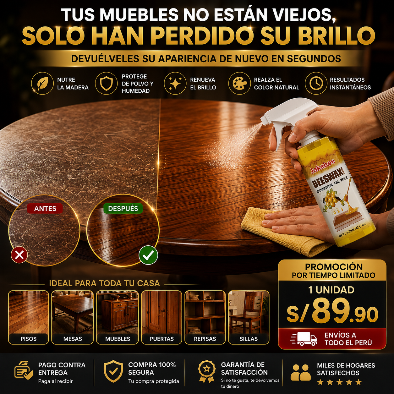 ✨SPRAY ABRILLANTADOR DE CERA DE ABEJA PREMIUM✨ ¡DEVUELVE EL BRILLO A TUS MUEBLES Y PISOS!